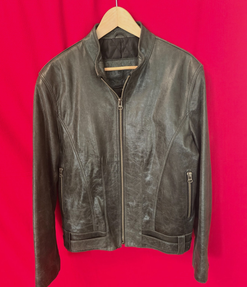 Men's Black Genuine Leather N.Y.S. Moto Jacket Size L Distressed Quilted Lining
